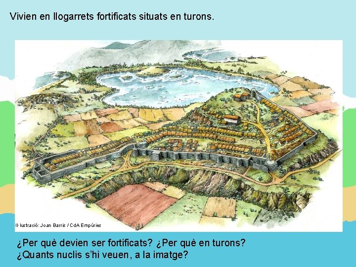 Vivien en llogarrets fortificats situats en turons. Il·lustració: Joan Barris / Cd. A Empúries
