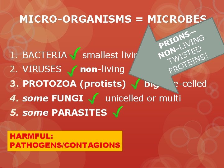 MICRO-ORGANISMS = MICROBES 1. BACTERIA smallest living 2. VIRUSES non-living — S ON ING