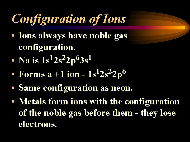 Configuration of Ions • Ions always have noble gas configuration. • Na is 1