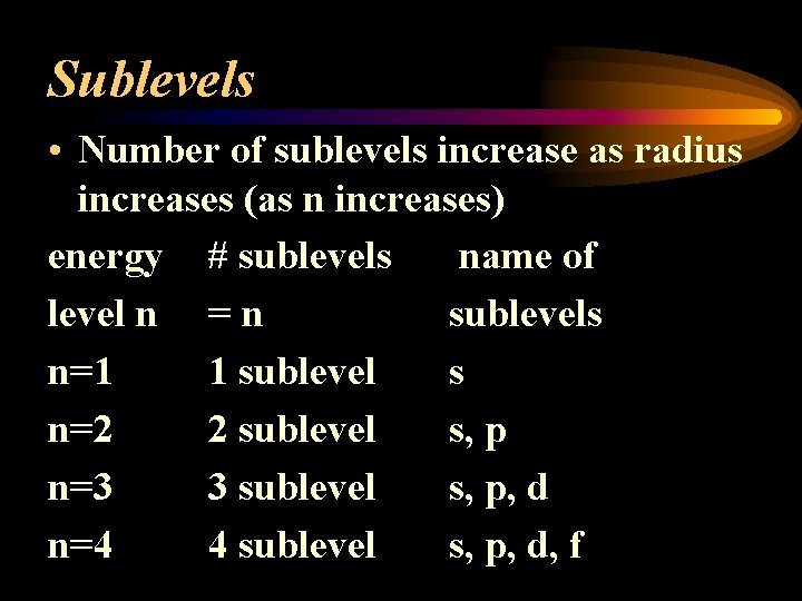 Sublevels • Number of sublevels increase as radius increases (as n increases) energy #