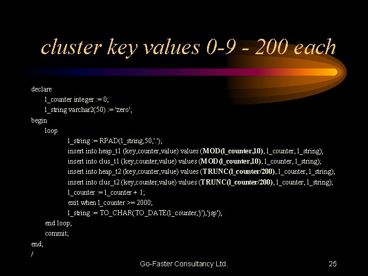 cluster key values 0 -9 - 200 each declare l_counter integer : = 0;