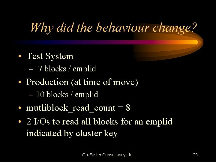 Why did the behaviour change? • Test System – 7 blocks / emplid •