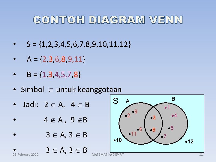 CONTOH DIAGRAM VENN • S = {1, 2, 3, 4, 5, 6, 7, 8,