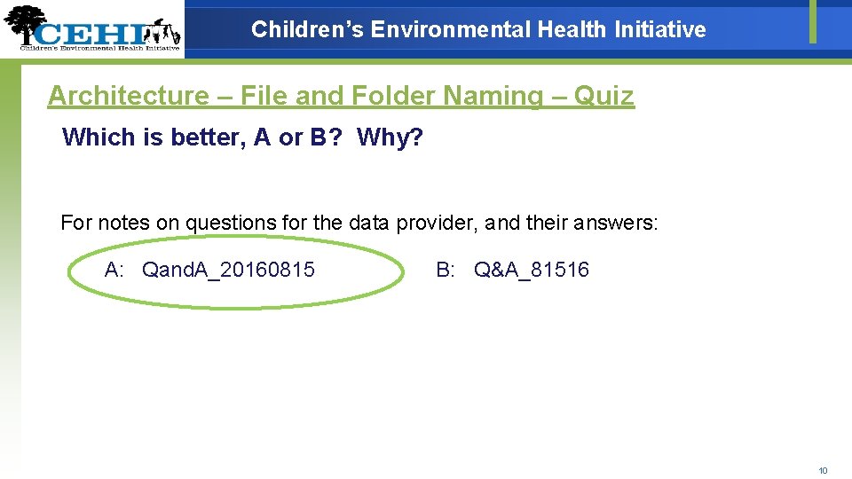 Children’s Environmental Health Initiative Architecture – File and Folder Naming – Quiz Which is
