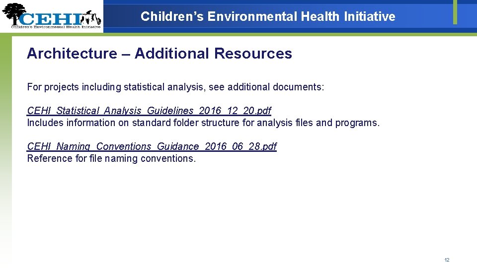 Children’s Environmental Health Initiative Architecture – Additional Resources For projects including statistical analysis, see