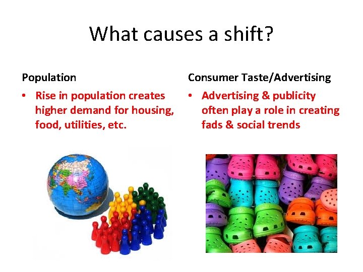 What causes a shift? Population Consumer Taste/Advertising • Rise in population creates higher demand