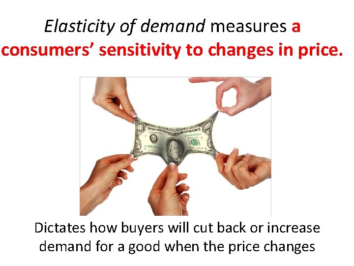 Elasticity of demand measures a consumers’ sensitivity to changes in price. Dictates how buyers