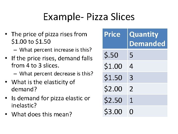 Example- Pizza Slices • The price of pizza rises from $1. 00 to $1.