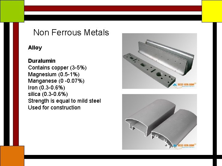 Non Ferrous Metals Alloy Duralumin Contains copper (3 -5%) Magnesium (0. 5 -1%) Manganese