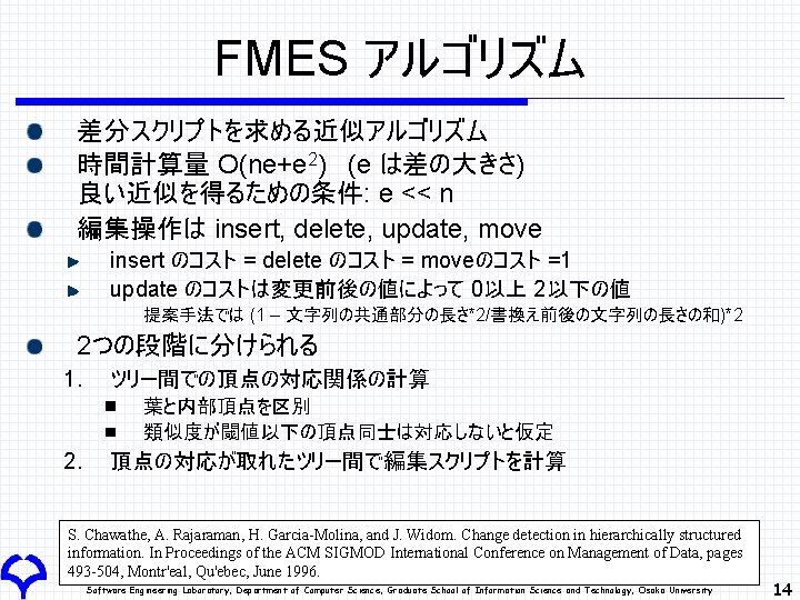 FMES アルゴリズム 差分スクリプトを求める近似アルゴリズム 時間計算量 O(ne+e 2) (e は差の大きさ) 良い近似を得るための条件: e << n 編集操作は insert,