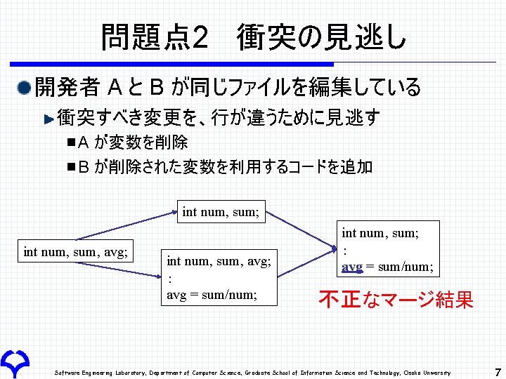 問題点 2 衝突の見逃し 開発者 A と B が同じファイルを編集している 衝突すべき変更を、行が違うために見逃す A が変数を削除 B が削除された変数を利用するコードを追加 int