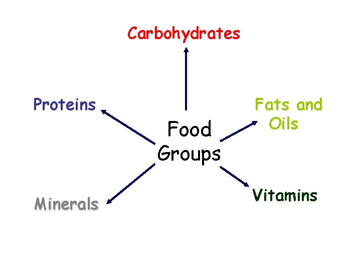 Carbohydrates Proteins Minerals Food Groups Fats and Oils Vitamins 