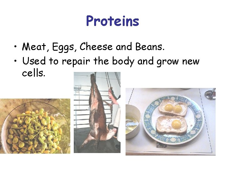 Proteins • Meat, Eggs, Cheese and Beans. • Used to repair the body and