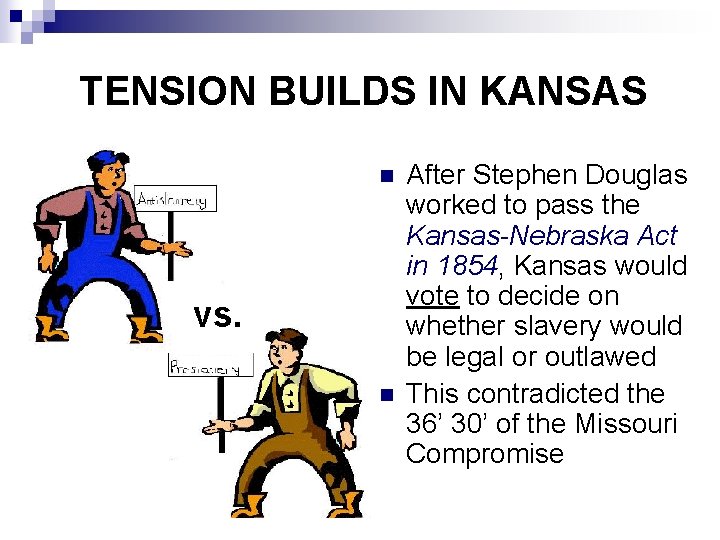 TENSION BUILDS IN KANSAS n vs. n After Stephen Douglas worked to pass the