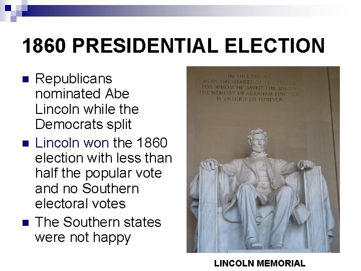 1860 PRESIDENTIAL ELECTION n n n Republicans nominated Abe Lincoln while the Democrats split