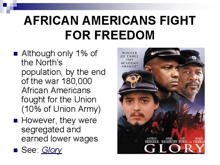 AFRICAN AMERICANS FIGHT FOR FREEDOM n n n Although only 1% of the North’s