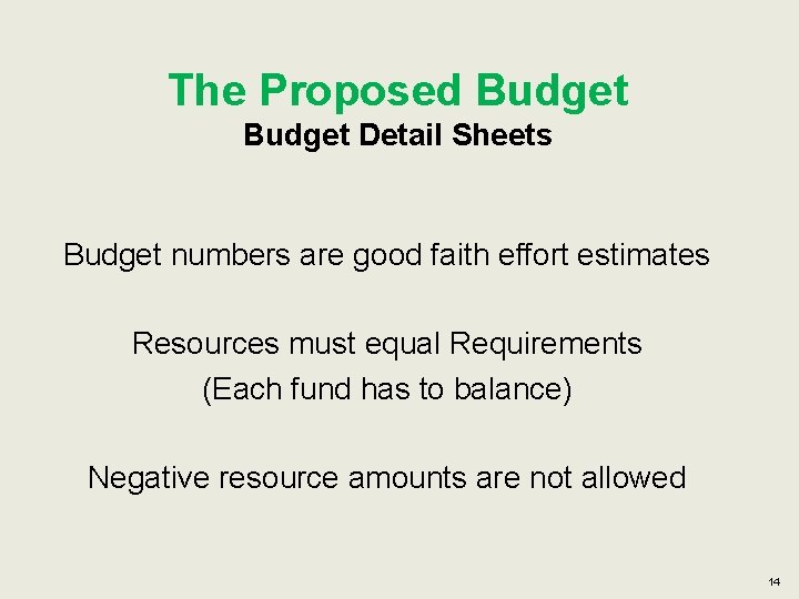 The Proposed Budget Detail Sheets Budget numbers are good faith effort estimates Resources must