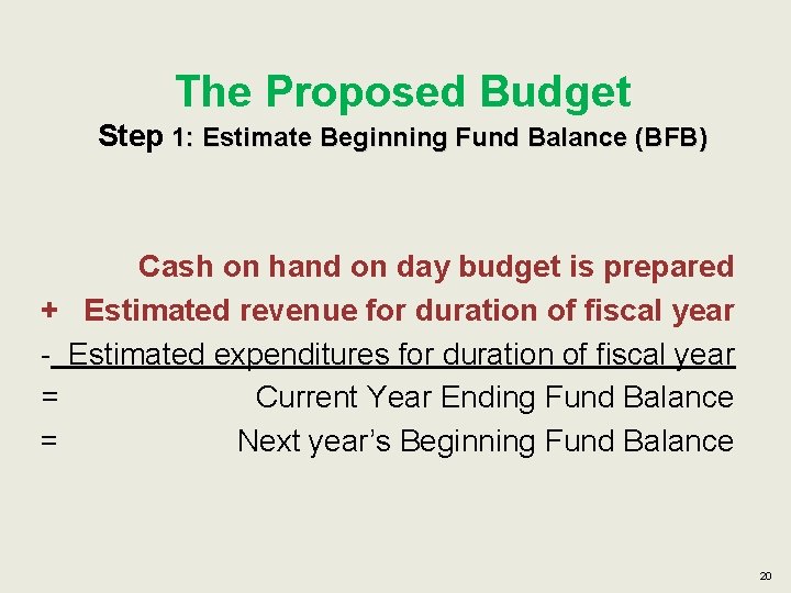 The Proposed Budget Step 1: Estimate Beginning Fund Balance (BFB) Cash on hand on