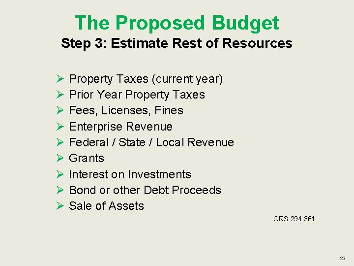 The Proposed Budget Step 3: Estimate Rest of Resources Ø Ø Ø Ø Ø