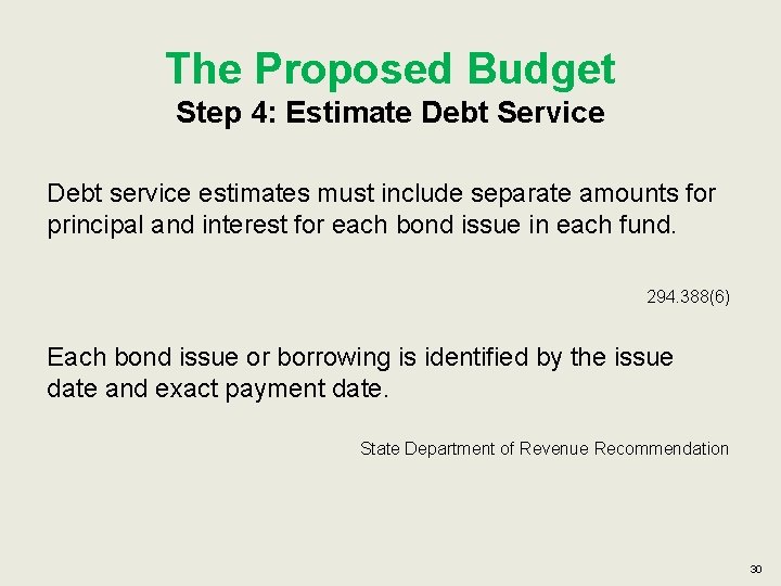 The Proposed Budget Step 4: Estimate Debt Service Debt service estimates must include separate