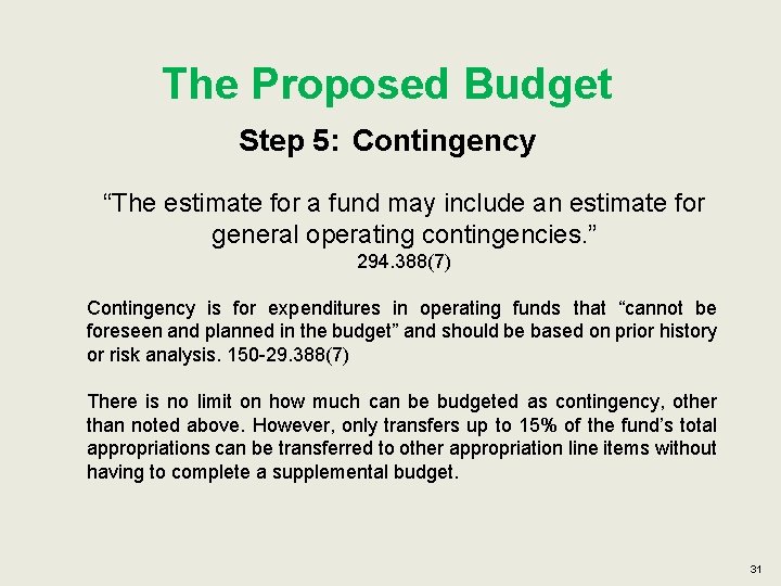 The Proposed Budget Step 5: Contingency “The estimate for a fund may include an