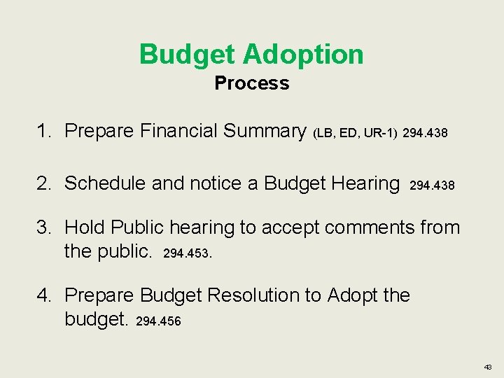 Budget Adoption Process 1. Prepare Financial Summary (LB, ED, UR-1) 294. 438 2. Schedule
