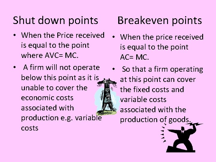 Shut down points Breakeven points • When the Price received • When the price