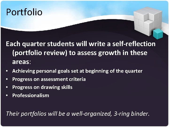 Portfolio Each quarter students will write a self-reflection (portfolio review) to assess growth in