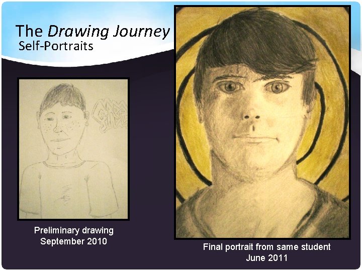 The Drawing Journey Self-Portraits Preliminary drawing September 2010 Final portrait from same student June