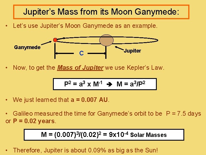 Jupiter’s Mass from its Moon Ganymede: • Let’s use Jupiter’s Moon Ganymede as an