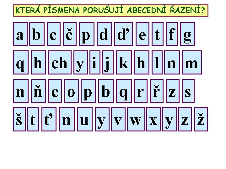 KTERÁ PÍSMENA PORUŠUJÍ ABECEDNÍ ŘAZENÍ? a b c č p d ď e t