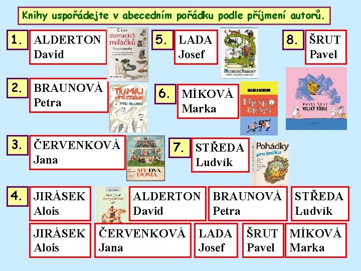 Knihy uspořádejte v abecedním pořádku podle příjmení autorů. 1. ALDERTON David 5. LADA Josef