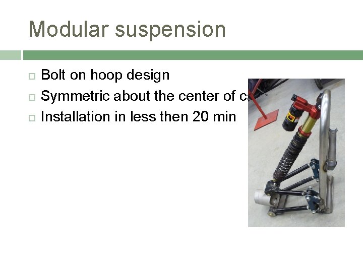 Modular suspension Bolt on hoop design Symmetric about the center of car Installation in