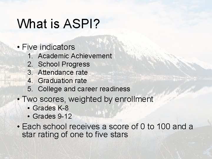 What is ASPI? • Five indicators 1. 2. 3. 4. 5. Academic Achievement School