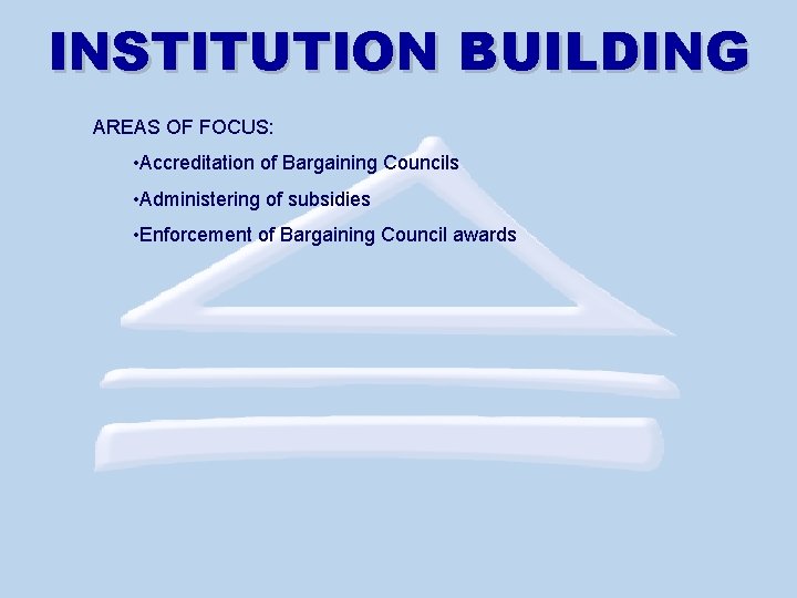 INSTITUTION BUILDING AREAS OF FOCUS: • Accreditation of Bargaining Councils • Administering of subsidies