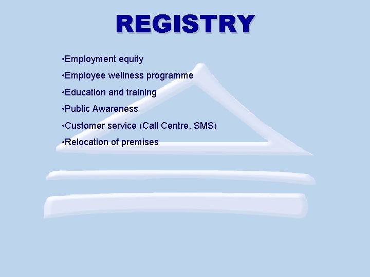 REGISTRY • Employment equity • Employee wellness programme • Education and training • Public