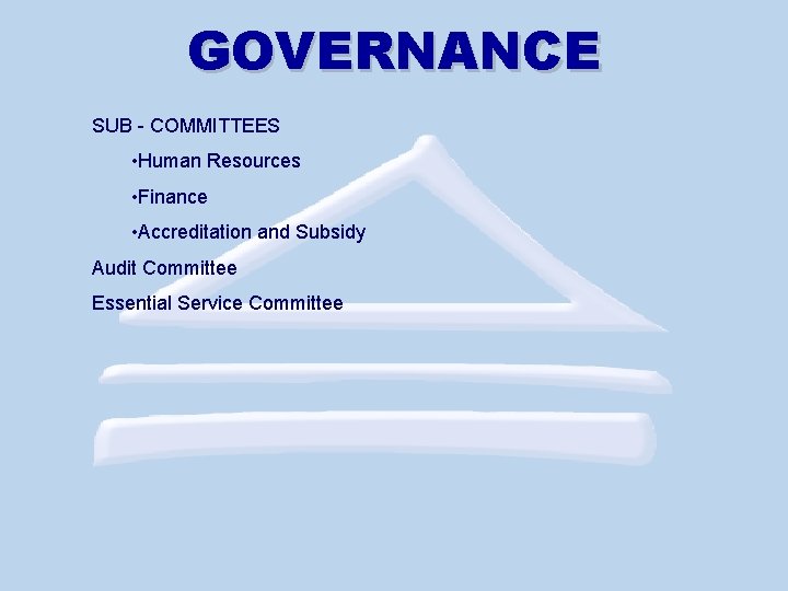 GOVERNANCE SUB - COMMITTEES • Human Resources • Finance • Accreditation and Subsidy Audit