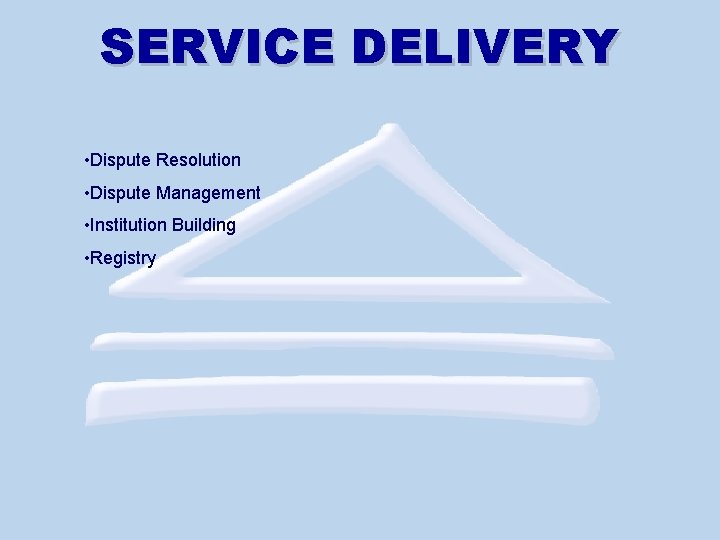 SERVICE DELIVERY • Dispute Resolution • Dispute Management • Institution Building • Registry 