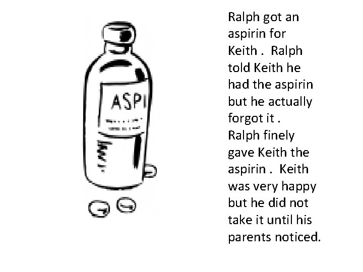 Ralph got an aspirin for Keith. Ralph told Keith he had the aspirin but