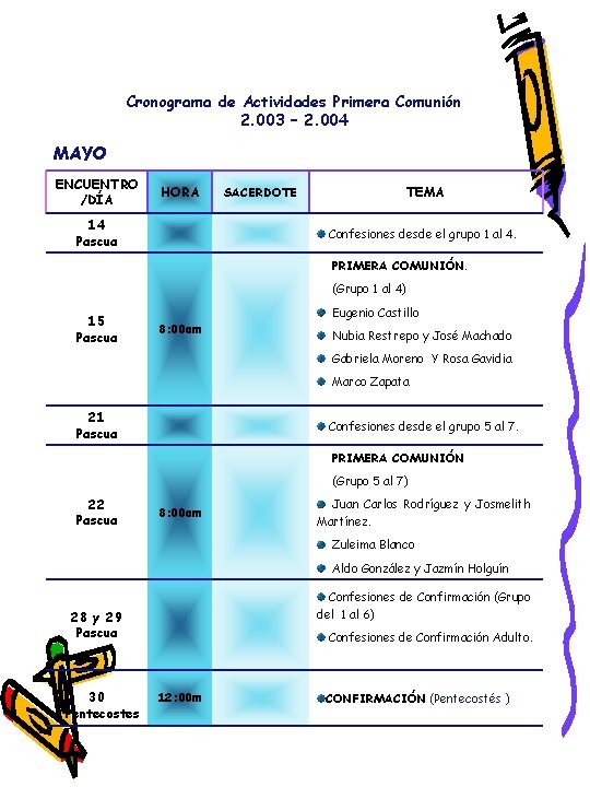 Cronograma de Actividades Primera Comunión 2. 003 – 2. 004 MAYO ENCUENTRO /DÍA HORA