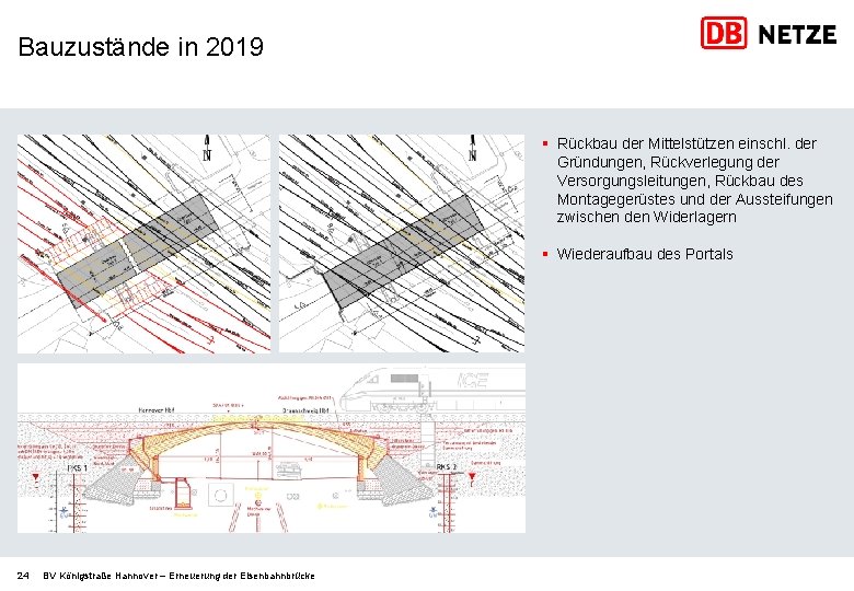 Bauzustände in 2019 § Rückbau der Mittelstützen einschl. der Gründungen, Rückverlegung der Versorgungsleitungen, Rückbau