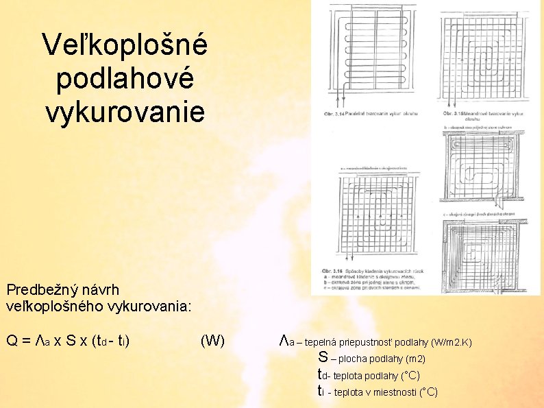 Veľkoplošné podlahové vykurovanie Predbežný návrh veľkoplošného vykurovania: Q = Λa x S x (td