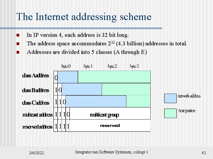 The Internet addressing scheme n n n In IP version 4, each address is