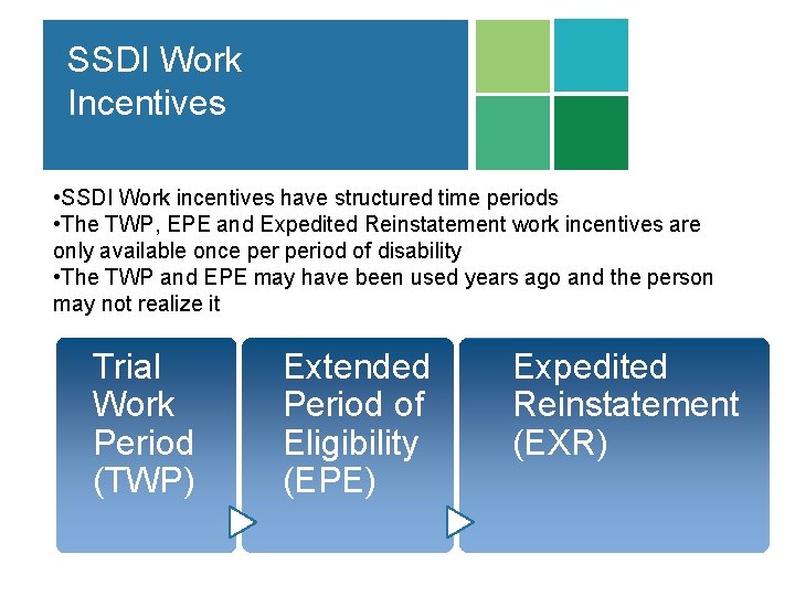 SSDI Work Incentives • SSDI Work incentives have structured time periods • The TWP,