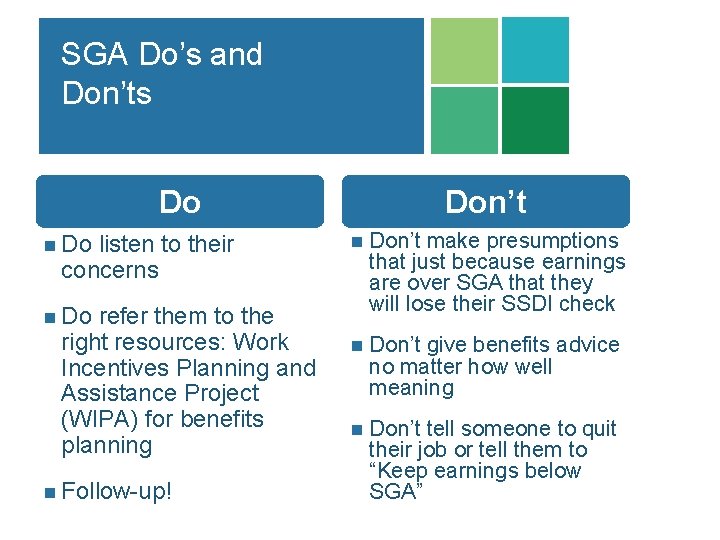 SGA Do’s and Don’ts Do n Do listen to their concerns refer them to