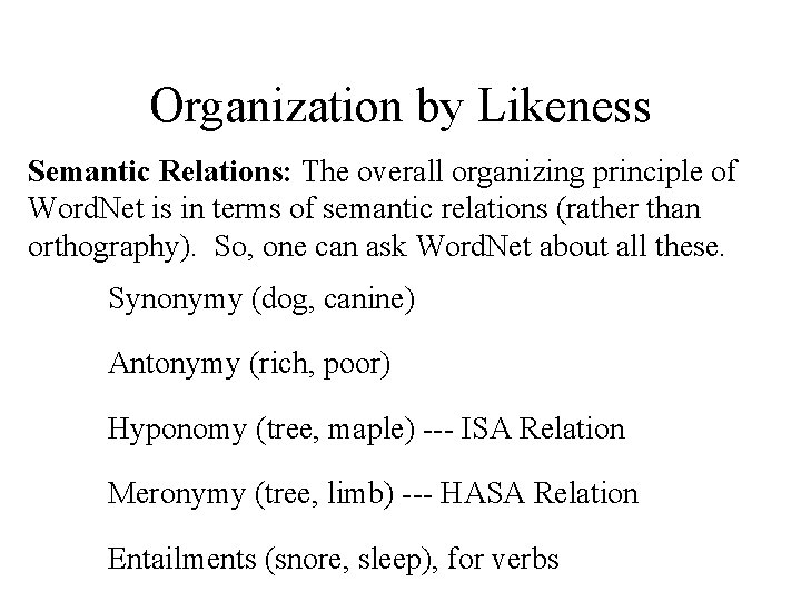 Organization by Likeness Semantic Relations: The overall organizing principle of Word. Net is in