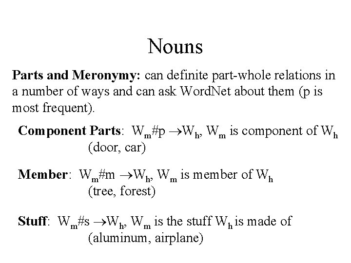 Nouns Parts and Meronymy: can definite part-whole relations in a number of ways and