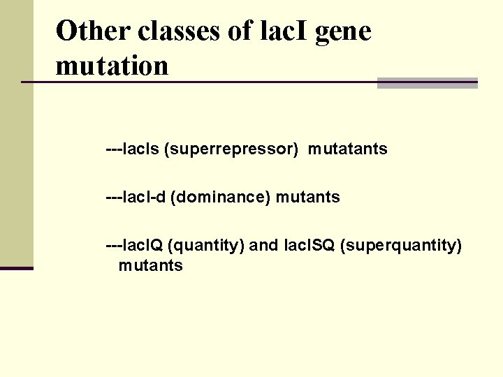 Other classes of lac. I gene mutation ---lac. Is (superrepressor) mutatants ---lac. I-d (dominance)