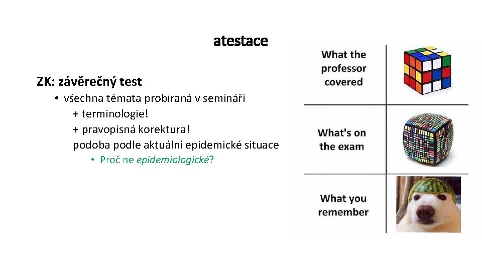 atestace ZK: závěrečný test • všechna témata probíraná v semináři + terminologie! + pravopisná