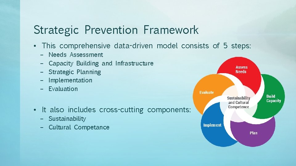 Strategic Prevention Framework • This comprehensive data-driven model consists of 5 steps: – –